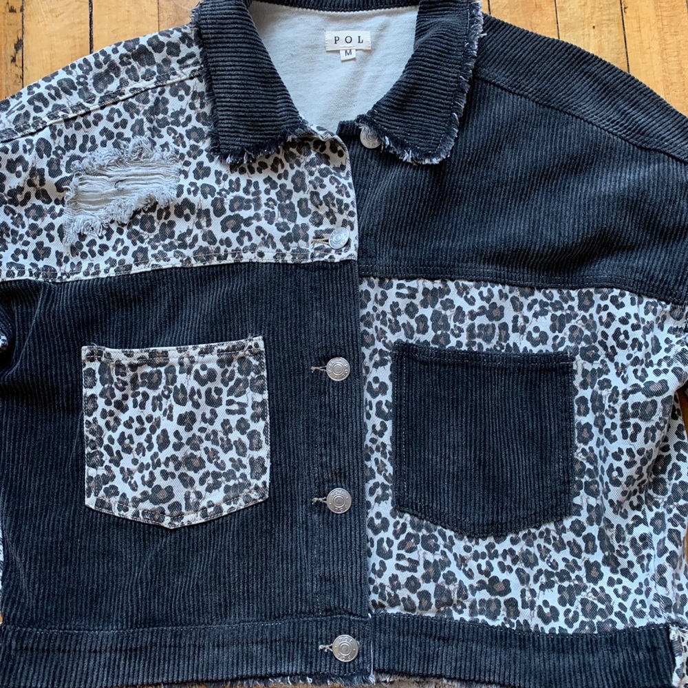 Black Cheetah Print Jean Jacket, Size Medium